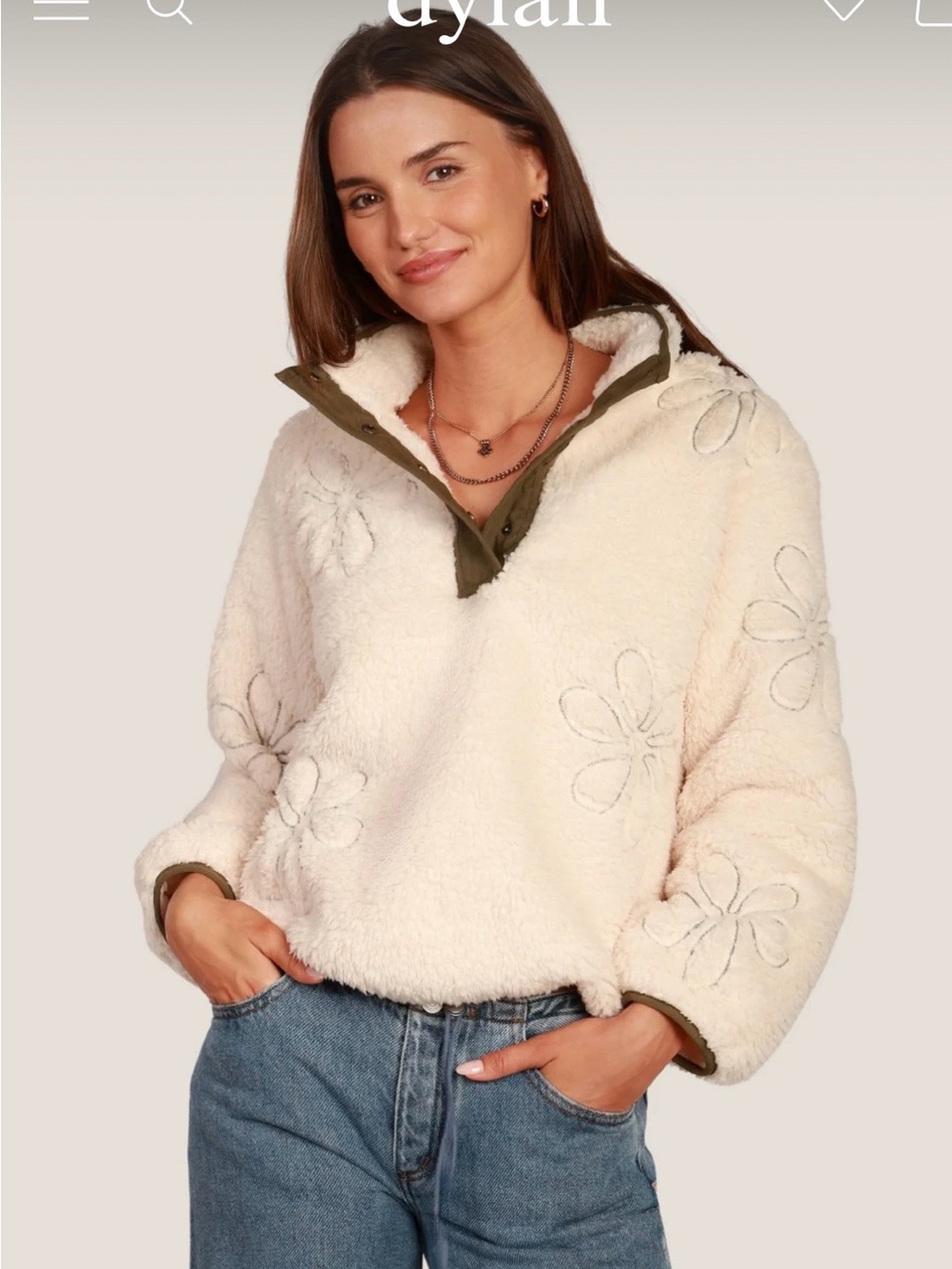 Dylan Cream Flora Sherpa Pullover with Olive Trim
